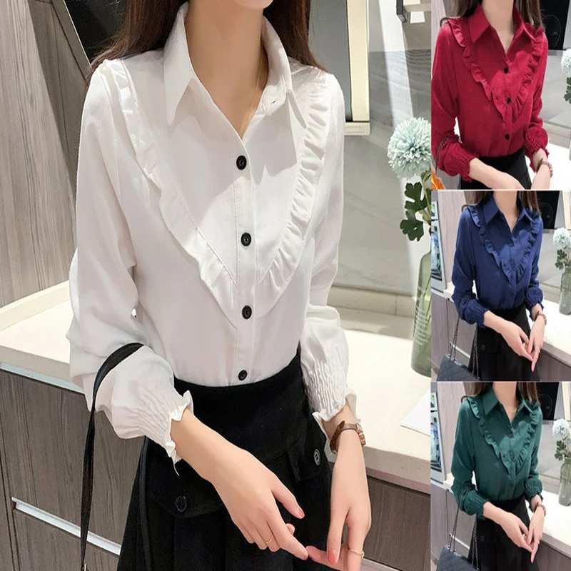 

2022 Spring Autumn New Corduroy Fungus Long-sleeved Shirt Korean New Fashion Elegant Bottoming Shirt Women's OL Casual Blouse