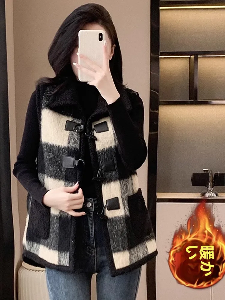 Утолщенный клетчатый шерстяной жилет на флисовой подкладке верхняя одежда