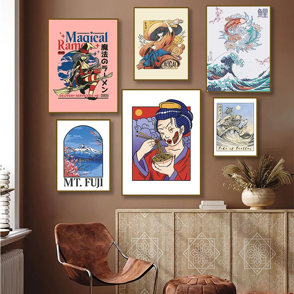

Ramen Sexy Witch Geisha Canvas Painting Japanese Art Samurai Ukiyo-e Wave Poster Print Beautiful Mountain Fuji Room Wall Picture