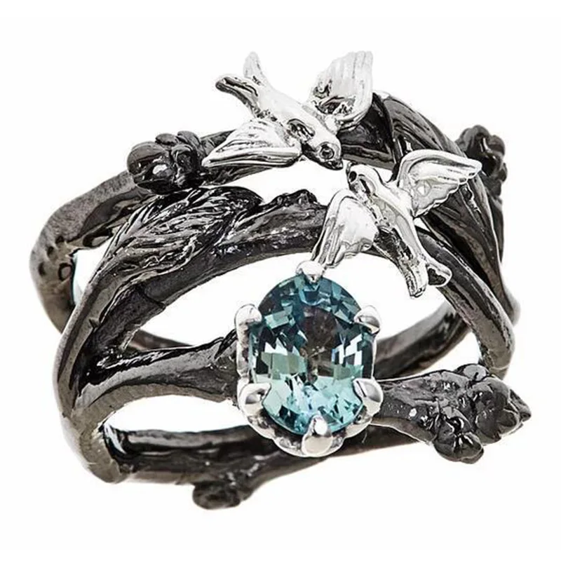 

Milangirl Fashion Blue Oval Crystal Ring Wedding Engagement Vintage Black Color Branch with Birds Cross Jewelry For Women
