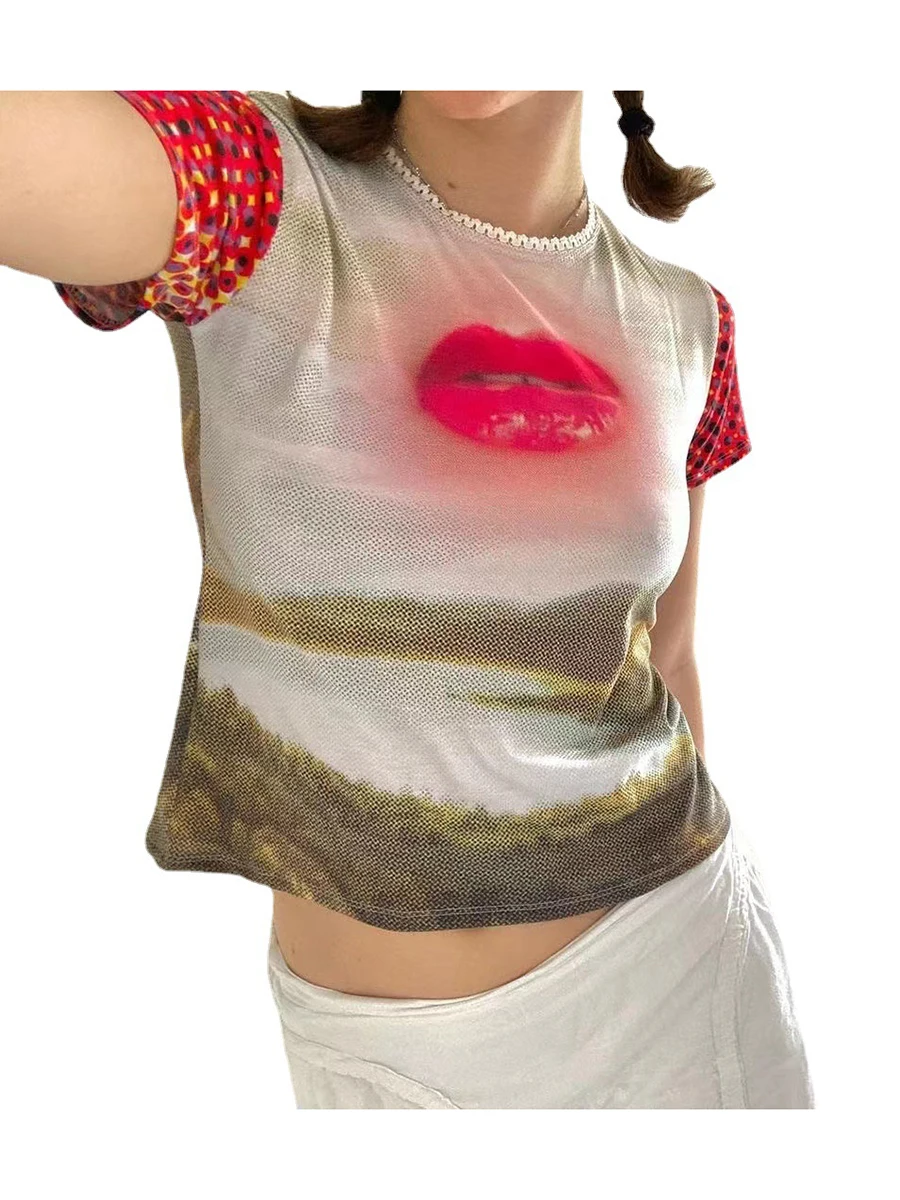 

Ladies Summer Slim T-shirt Women Leisure Style Lip Scenery Dot Printing Splicing Short Sleeve Round Collar Tops