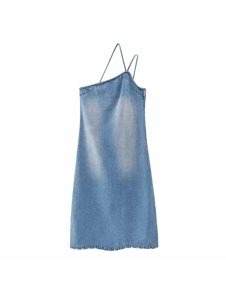 

Women 2023 Spring New Chic Fashion Casual Asymmetric Cowboy Midi Dress Vintage Backless Thin Straps Female Dresses