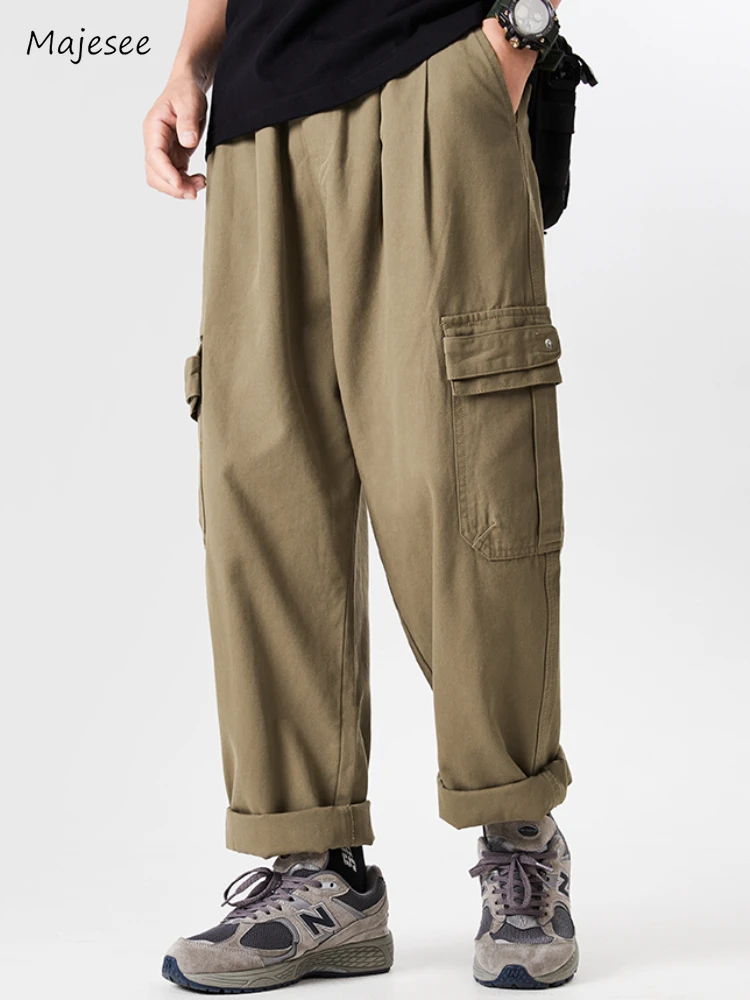 

Брюки-карго мужские с манжетами, однотонные свободные штаны со средней талией в японском стиле, модная уличная одежда в простом стиле, до щиколотки, для отдыха, осень 2023