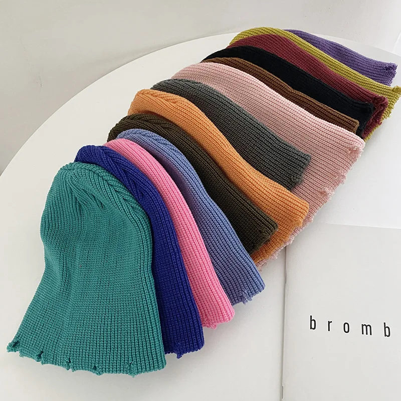 

New Rainbow colors hole Women Hat Kpop Style Autumn And Winter Hat Soft Beanie Hats For Women Hole Leisure Teens Knitted Cap