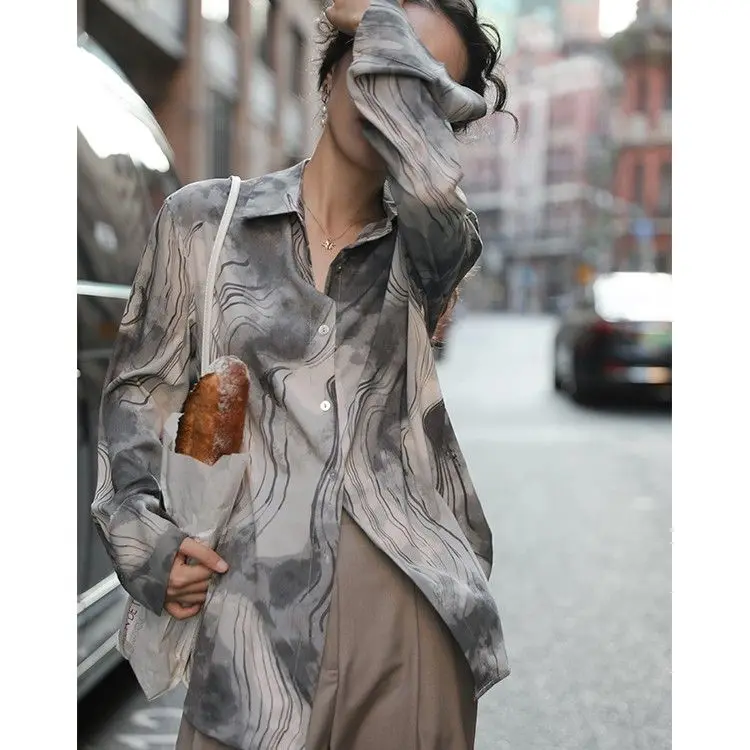 

French-style printed long-sleeved shirt women's loose slim shirt design T-shirt Y2K Harajuku oversized shirt harajuku