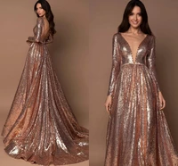 new shinny rose gold sequined prom formal dresses long sleeve v neck beaded party pageant gowns vestidos robe de soiree