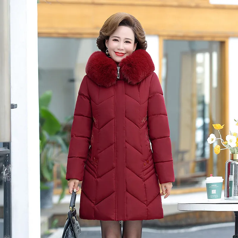 

New Parkas Winter Coat Women Casual Long Thick Fur Collar Hooded Middle-aged Women's Cotton Padded Jacket Hight Quality Warm