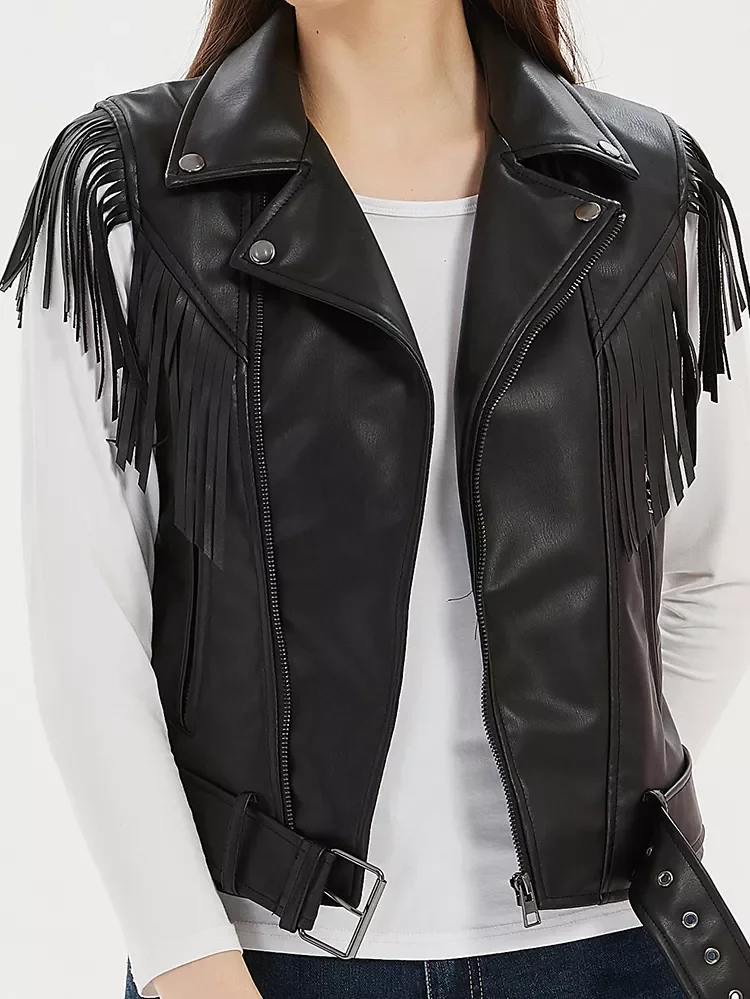 

2021 Fashion Spring Autumn Women Vintage Tassel Faux Leather Waistcoats Belt Ladies High Street PU Sleeveless Jacket Vests Tops