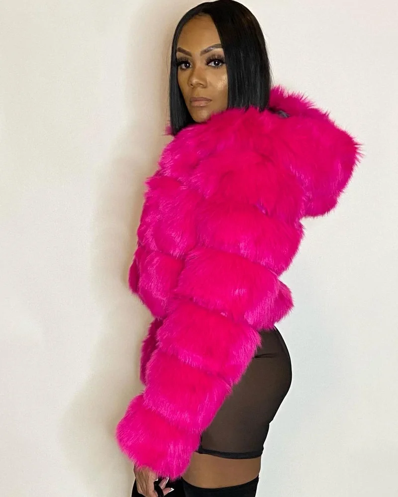 Fashion Autumn Winter High Quality Faux Fox Fur Coat Women 2021 Vintage Long Sleeve with Cap Slim Short Jackets Furry Coat Femme