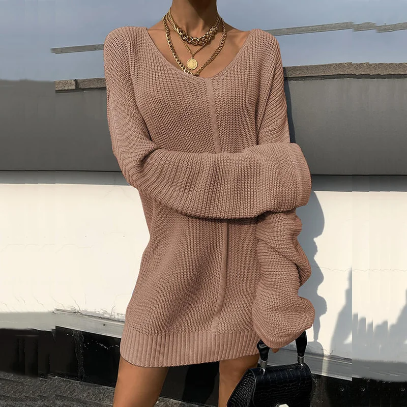 

Autumn New Women Long Sleeved Solid Fashion Sweater Dress Casual Knitted Sweater Dress Lady Elegant V-Neck Loose Mini Dresses
