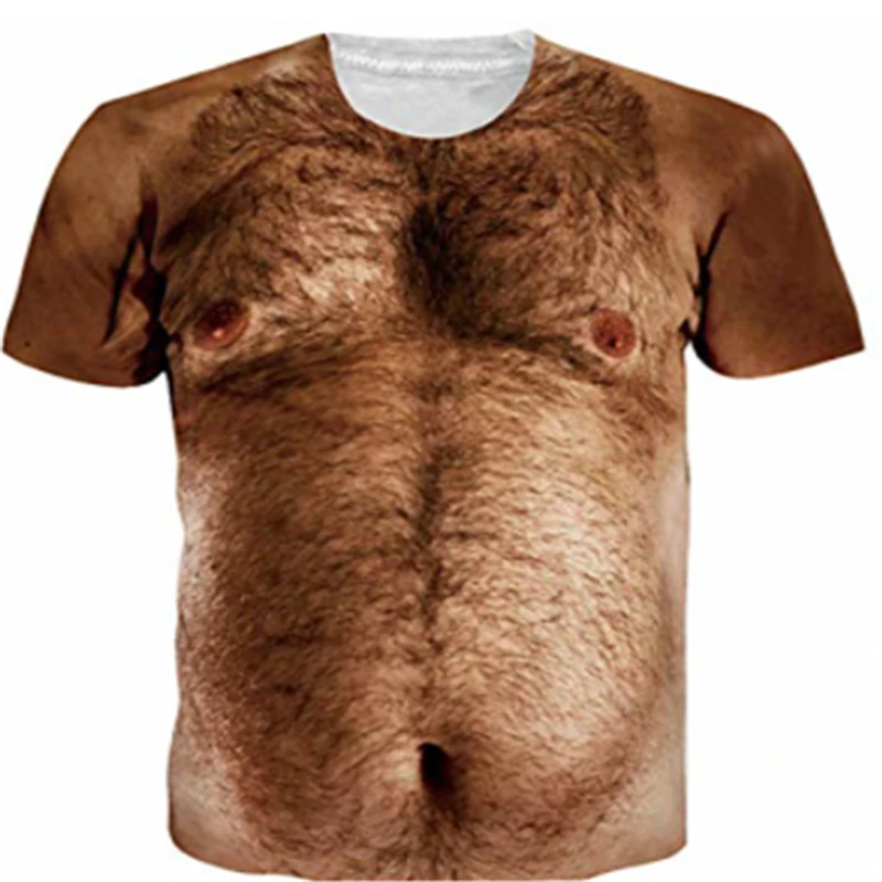 

3D printed animal nude hairy men's skin chest muscle funny T-shirt
