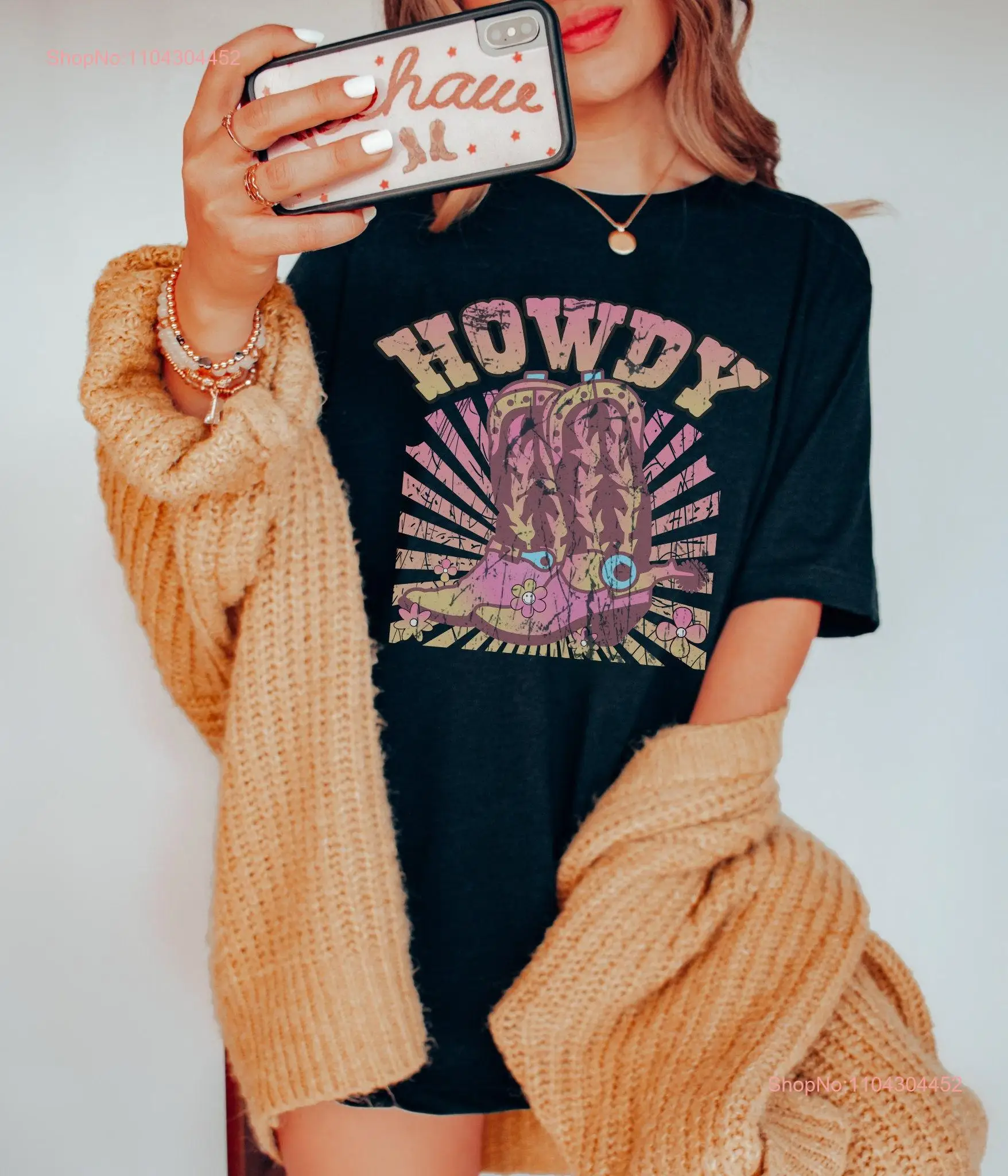 Retro Howdy T Shirt Cowboy Cowgirl Boho Western Crewneck Oversized Dress long or short sleeves
