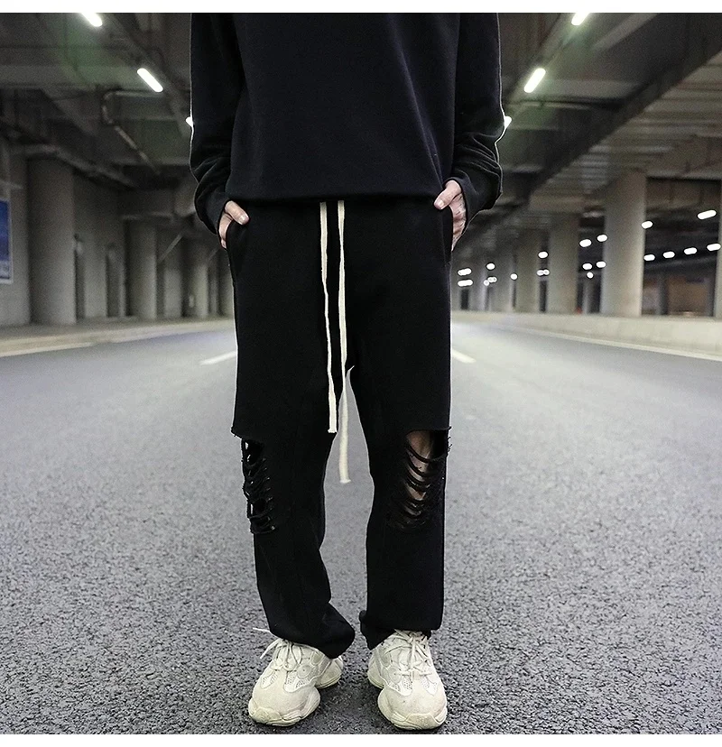 

Men's Dark Wind Tunnel Knife Cut Straight Loose Terry Cloth Suspension Guard Pants Hip Hop Black Full Matching Cotton Casual Pan