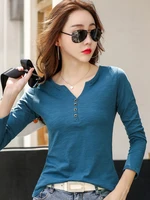 2022 autumn female slub cotton v neck long sleeve t shirt women tops fashion lady simple casual korean t shirt blue green