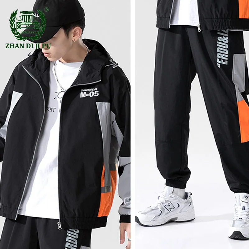 

High Street Men's Two Pieces Tracksuits Spring Autumn Casual Patchwork Letter Printed Loose Jacket and Pants Sets Male Joggers