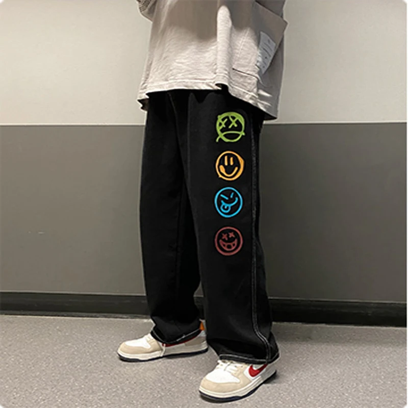 Men Smile Printed Graphic Baggy Jeans 2022 Spring Autumn Mens Streetwear Cargo Pants Black Denim Joggers Male Vintage Trousers