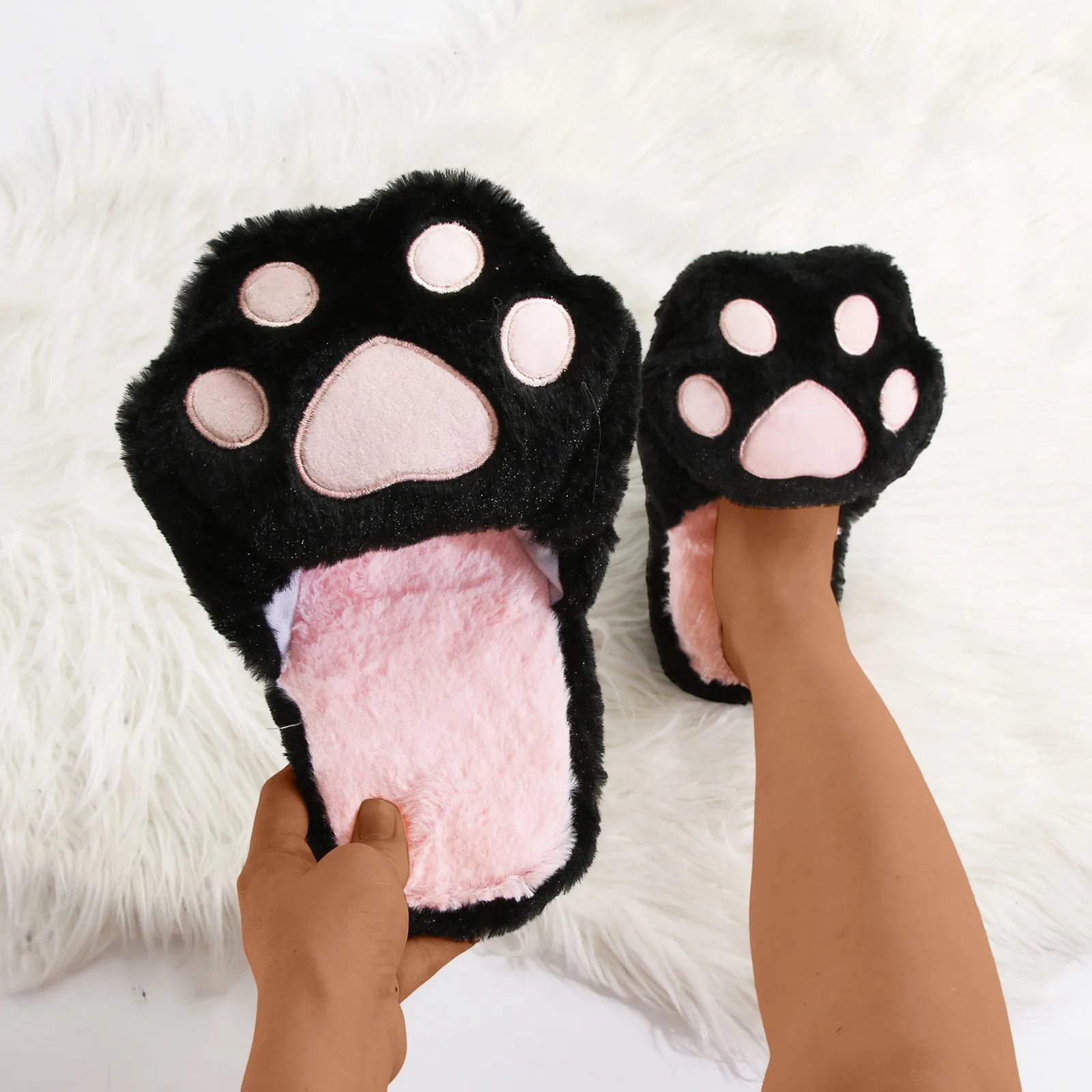 

Cat paw Cotton Slippers Women Indoor Home Plush Anti Slip Slippers Shoes Home Slippers Kawaii Furry Warm Cotton Floor Slippers