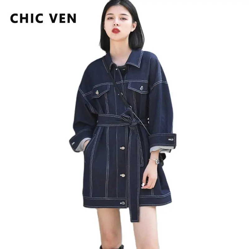 CHIC VEN Women's Wrap Coat Retro Loose Blue Lace Up Trench Coat Medium Length Women Tops Ladies Female 2022 Spring Summer