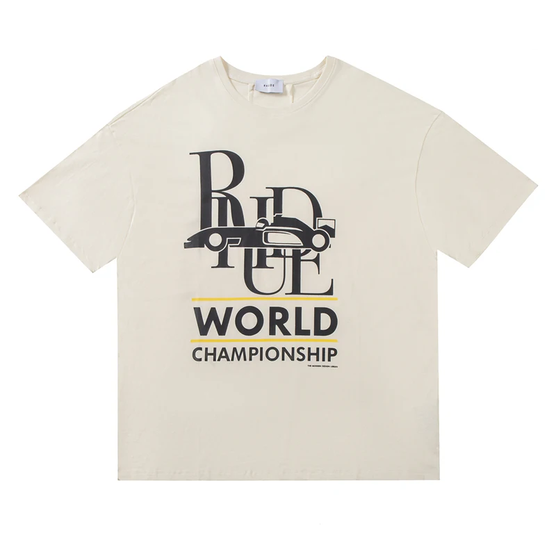

Newest RHUDE New WORLD CHAMPION Print T-shirt High Street Abstract Letters Loose T Shirts Men Best Seller Short-Sleeved TEE
