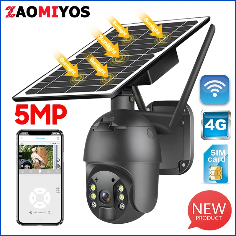 ZAOMIYOS 4G SIM Card Surveillance Solar Camera 5MP Built-in 6 Battery Outdoor IP Camera PIR Motion Wireless Security PTZ Camera