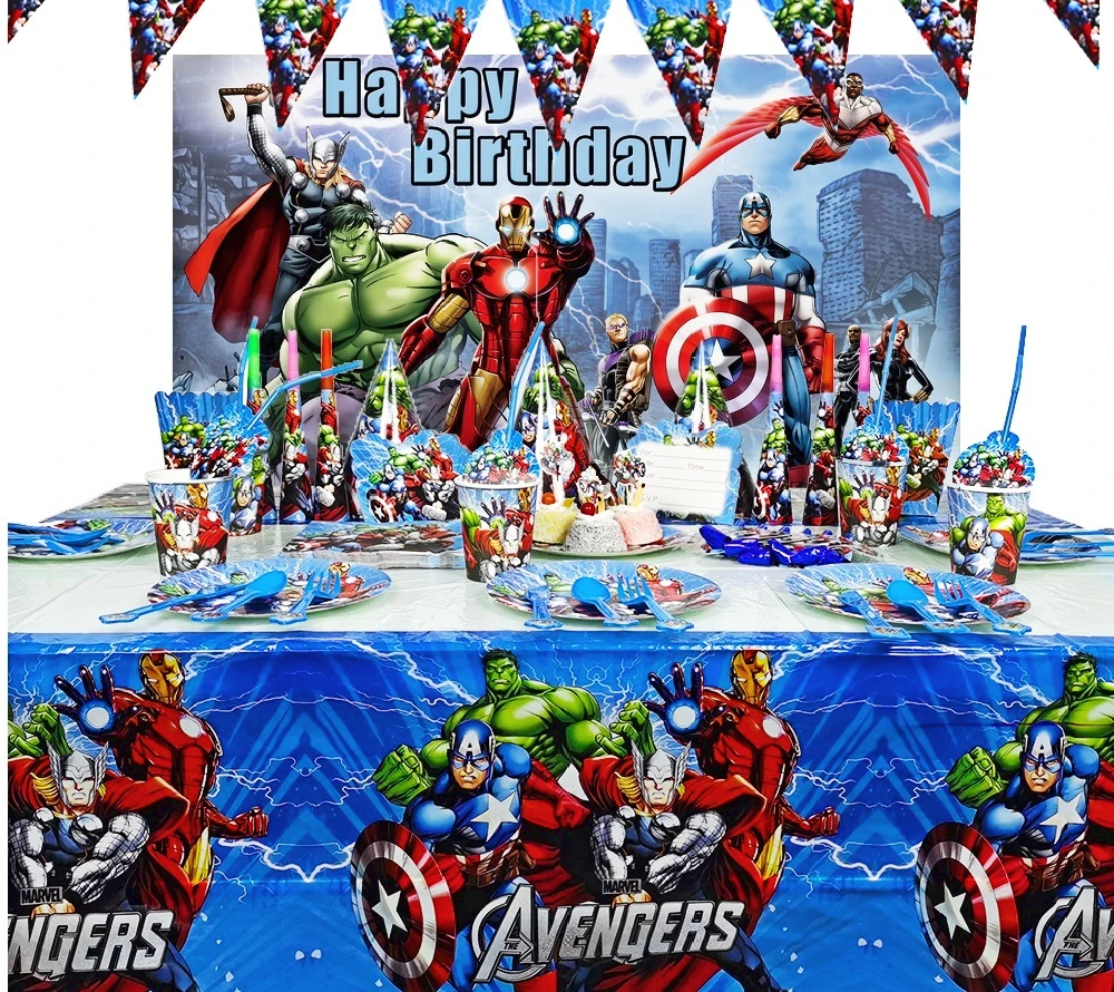 

Cartoon Marvel Avengers Theme Party Birthday Home Tablecloth Paper Plate Cup banner Background Cloth Decoration Arrangement Gift