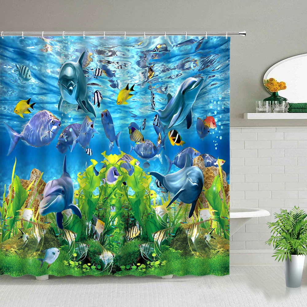 

Занавеска для душа с изображением дельфина в океане, пляжа, пальмы, тропической рыбы, пейзаж для ванной комнаты, водонепроницаемая тканевая ...