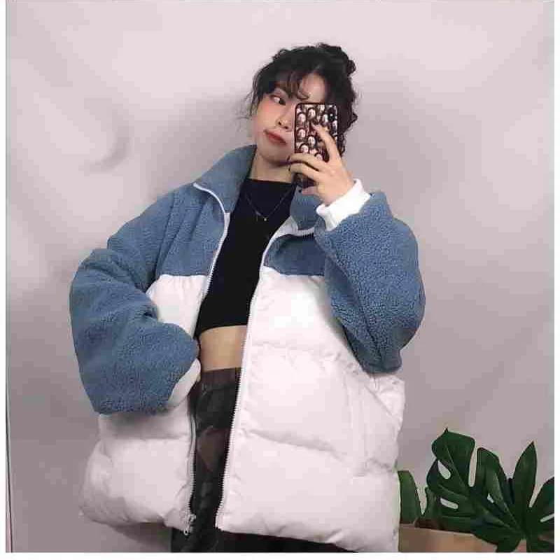 Winter Lamb Wool Stitching Loose Warm Cotton Clothes Korean Style Cotton Jacket Loose and Thin All-Match Cotton Clothes Women