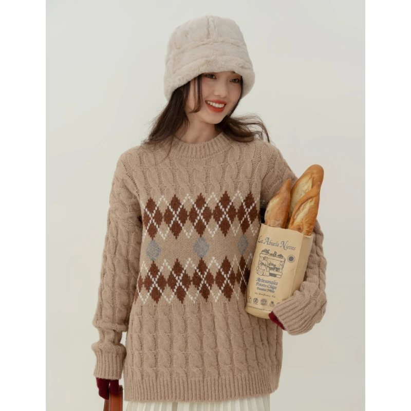 

Women's Clothes Khaki Sweater Rhombic Lattice Fashion Vintage Lazy Wind New Winter Female Long Sleeve Knitting Pullover Tops