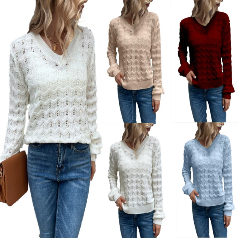 

Новинка Осень-зима 2023, повседневный Однотонный свитер с вырезами, женский топ с V-образным вырезом, модная женская одежда