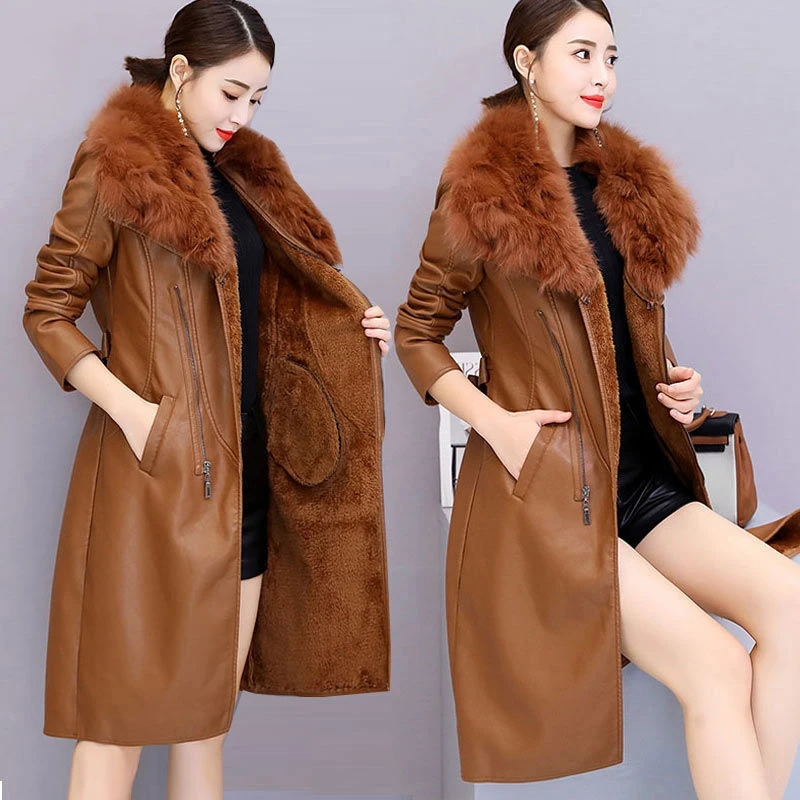 Luxury Faux  Fur Collar Winter Leather Coat Women's Plush Thickened Medium Long Korean Style Imperial Slim Waist Leather Coat