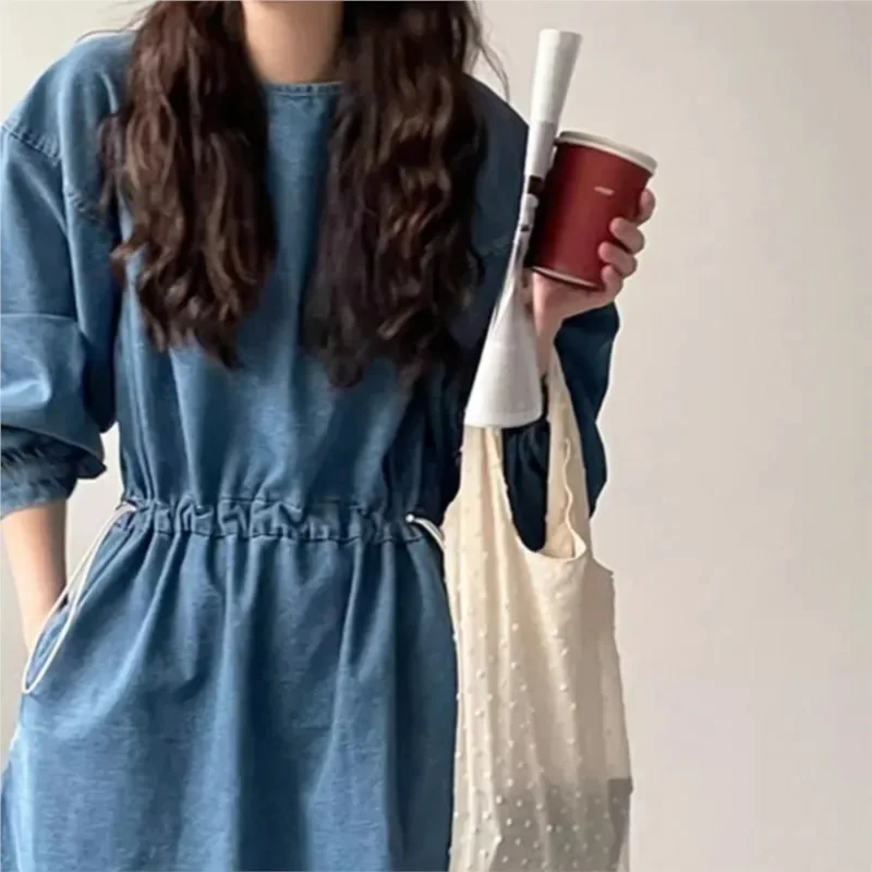 Женское джинсовое платье с карманами повседневное свободное винтажное круглым