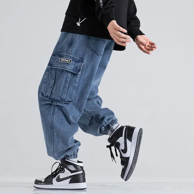 New Big Pocket Workwear Mens Jeans Loose Strap High Street Fashion Retro Wide Leg Haren Denim Pants for Men