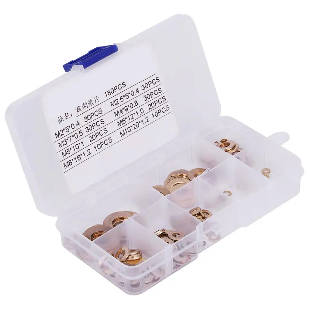 180Pcs Brass Flat Washer Assortment Set with Box M2/M2.5/M3/M4/M5/M6/M8/M10