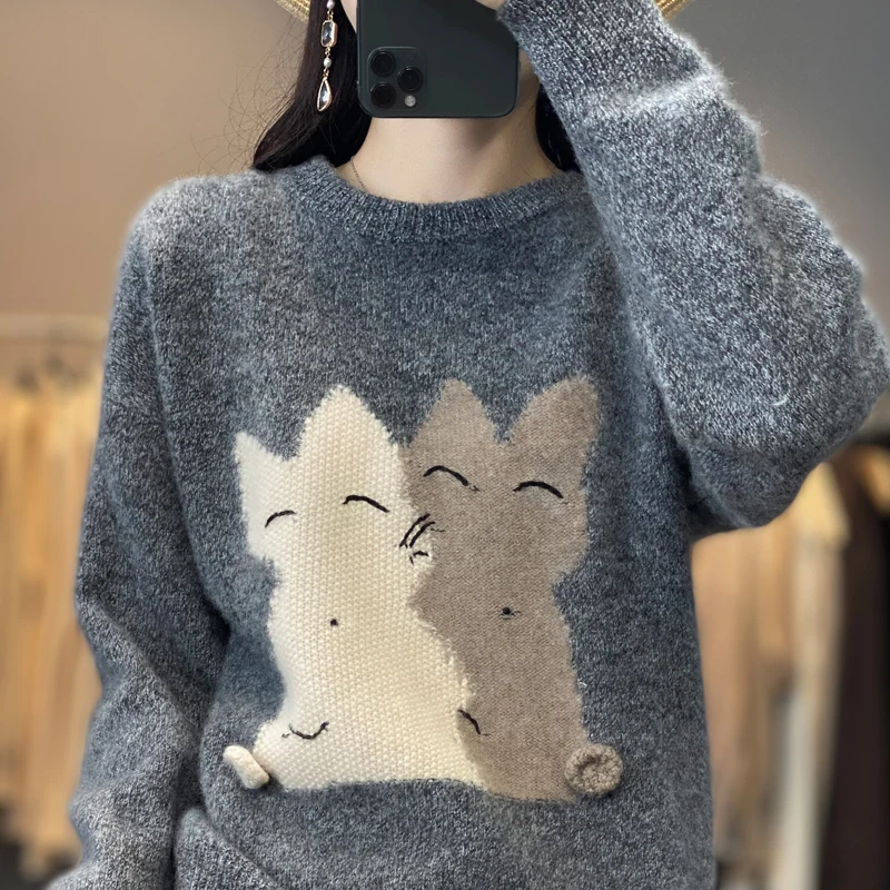 

European Goods High-end Autumn Winter New Woolen Animal Pattern Sweater Women 100% Pure Wool Round Neck Loose Thickened Jumper