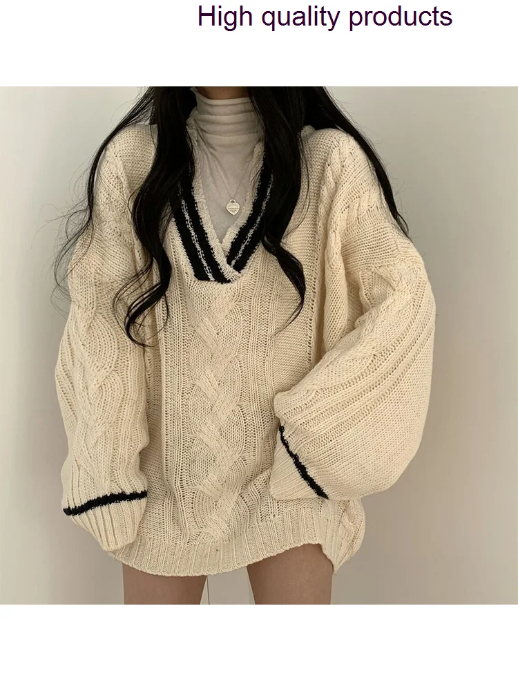 

Women 2024 Sweater Oversized V Neck Puff Long Sleeve Pullovers Autumn Winter Korean Y2K Vintage Thicken Knitted Tops Elegant