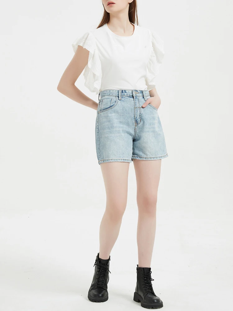 Streetwear Women High Waist Wide Leg Retro Blue Denim Shorts Spring Summer Female Button Loose Jeans Shorts Bottoms