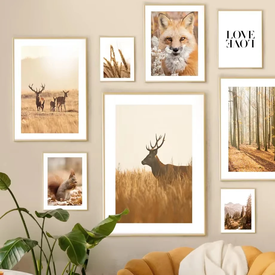 Осенняя пшеничная белка лес лиса олень стена искусство канвалайнговые