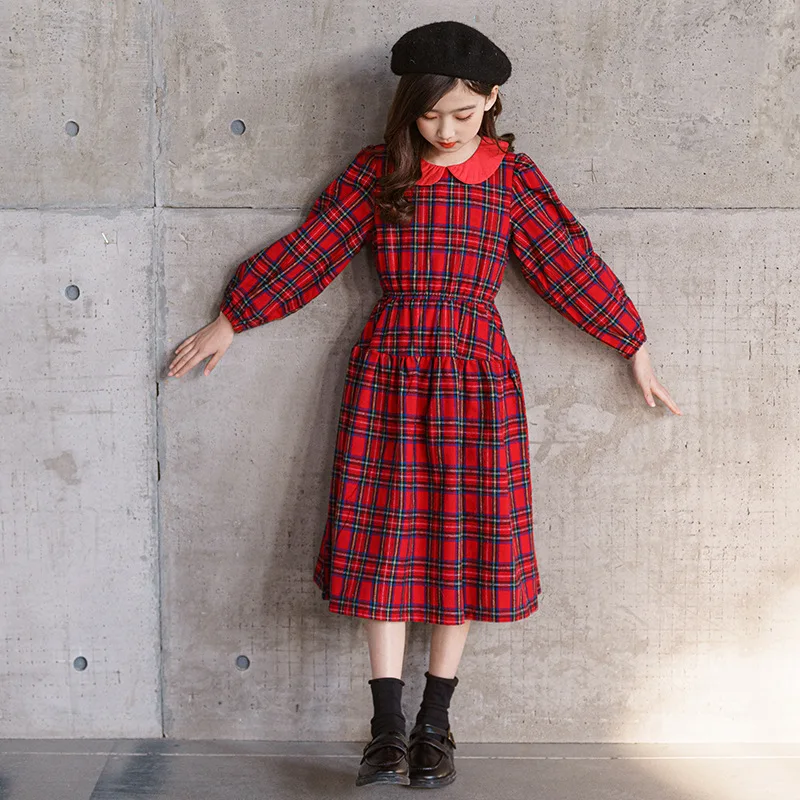 

Children Autumn Clothing 2022 New Teen Girls Long Sleeve Dress Kids Elegant Long Plaid Casual Dresses Red Clothes Spring