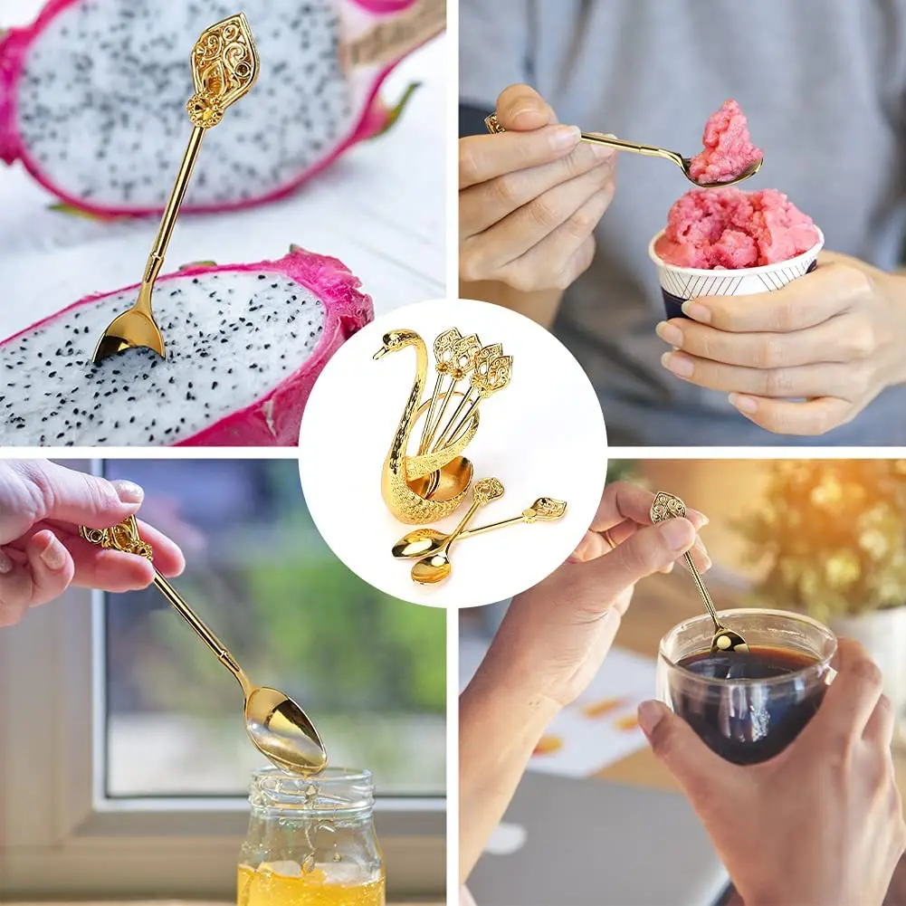 

Coffee Swan Base Holder Spoons Set Dessert Spoons with Organizer Small Delicate Ice Cream Flatware Set Kitchen Table Accessories