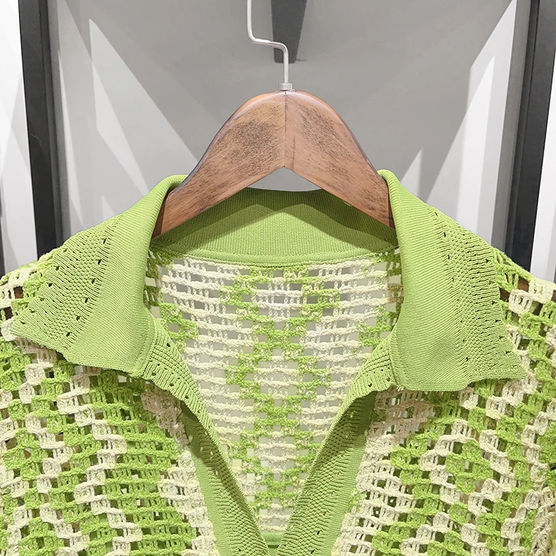 

Women's Knitted Side Slit Midi Robe Geometric Pattern Hollow out Turn-down Collar Short Sleeve Female Summer 2023 Knit Dress