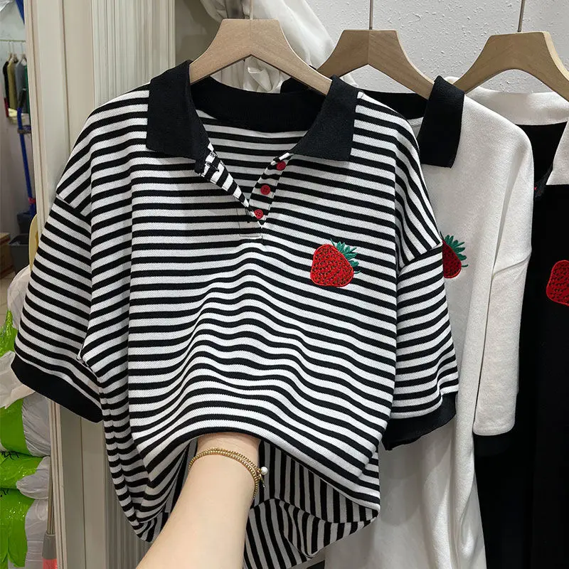 

Хлопковая футболка-поло в полоску, с клубничным воротником