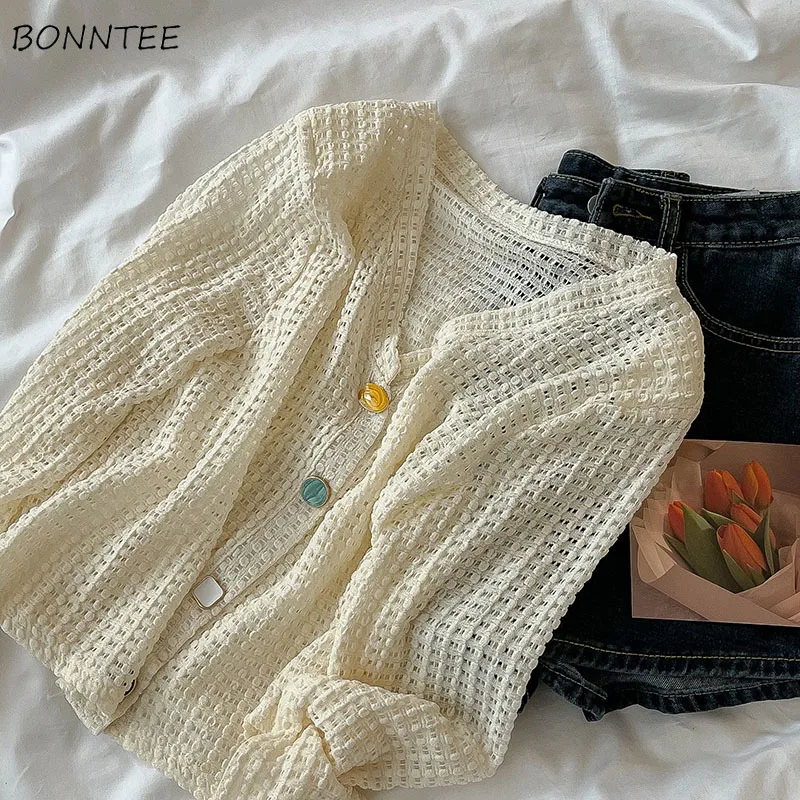 

Jackets Women Pure Minimalist Daily All-match Sun-proof Summer Breathable Hollow Out Ladies Korean Style Basic Sweet Tender Chic