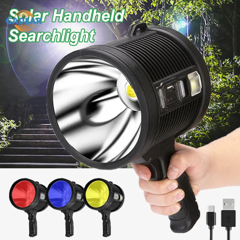 

P70 Solar Handheld Searchlight USB Rechargeable Glare Flashlight Multicolor Filter Portable Spotlight Work Light Power Bank