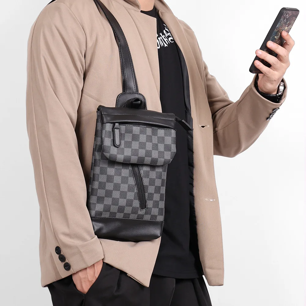 New Trendy Plaid Shoulder Bag Casual Large Capacity Chest Bag Vintage Style Mobile Phone Bag Waist Bag