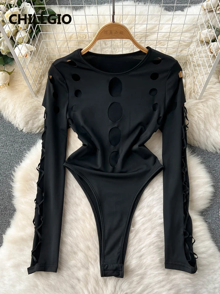 

CHILLGIO Women Hollow Solid Rompers O Neck Long Sleeve Fashion Streetwear Combination Catsuit One Piece Hole Slim Tight Bodysuit