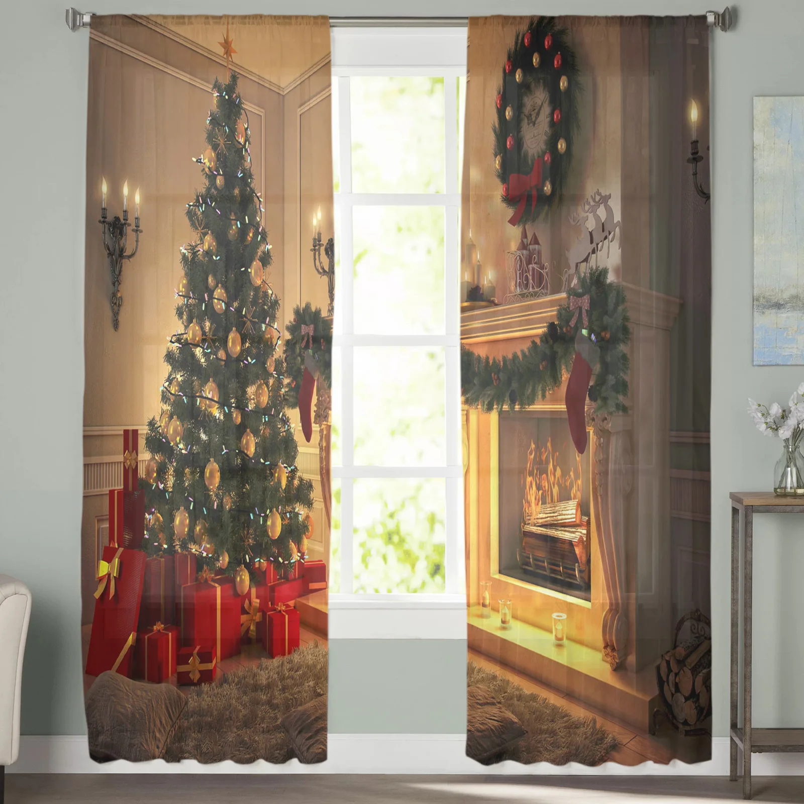Рождественский венок на елку подарки камин тюлевые прозрачные Занавески для