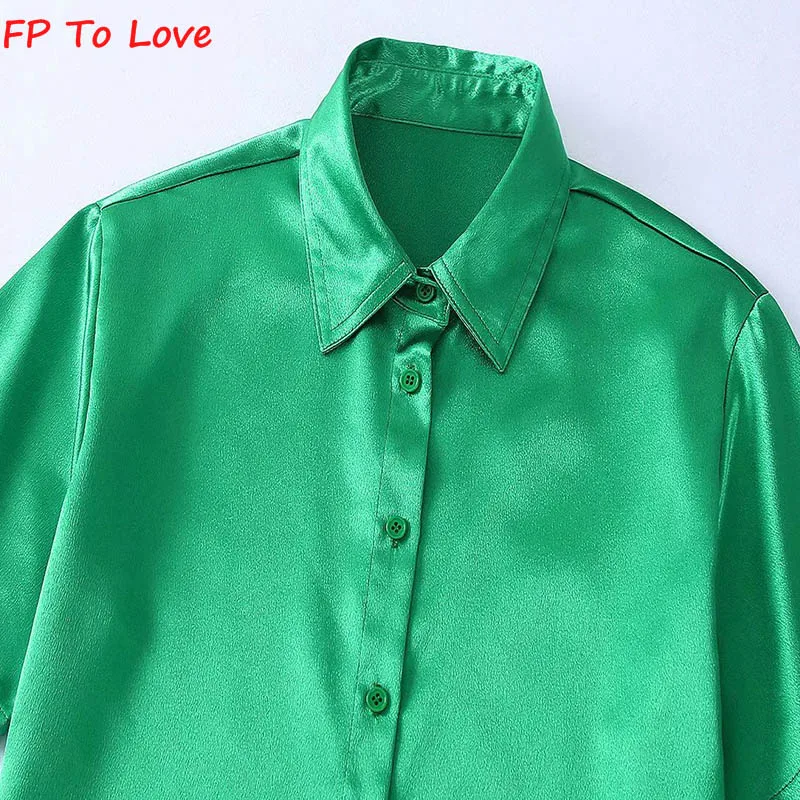 Элегантная Зеленая атласная рубашка с коротким рукавом ярко-голубая однобортная