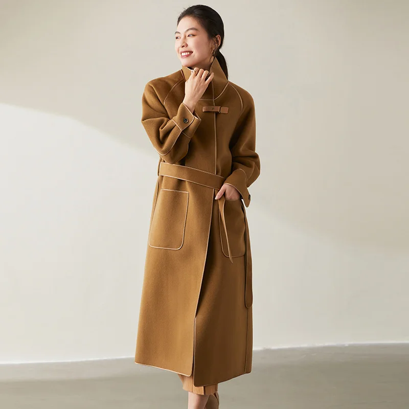 

High end temperament wind double-sided cashmere coat women's handmade lace up wool coat autumn and winter long wool coat