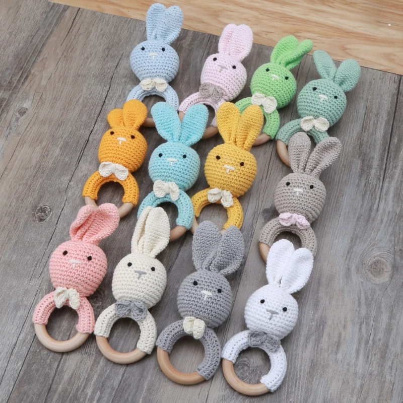 

Wooden Circle Knitted Bunny Shape Baby Teether Food Grade Baby Teething Necklace Rodents DIY Pacifier Clip Baby Products