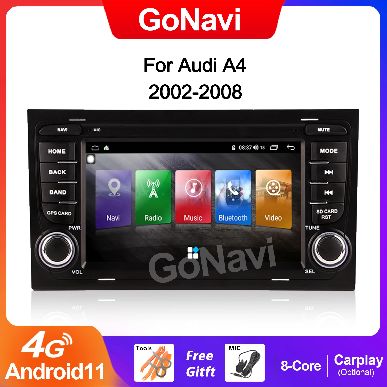 Автомобильный радиоприемник GoNavi Android 11 для Audi A4 аудио DVD интеллектуальный